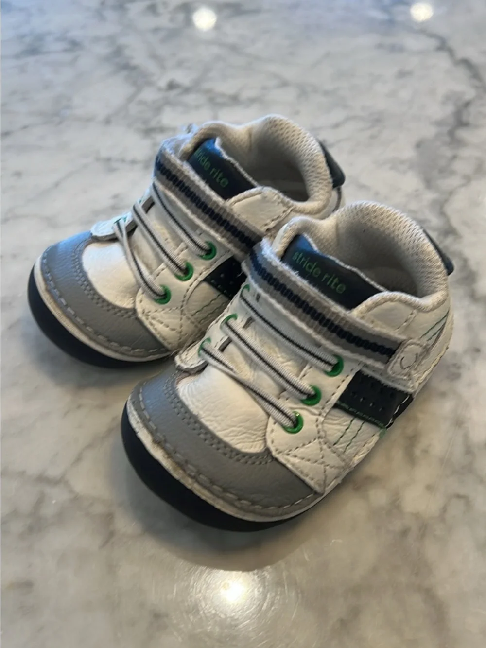 Stride Rite White, Gray & Black Toddler Sneakers with Green Accents